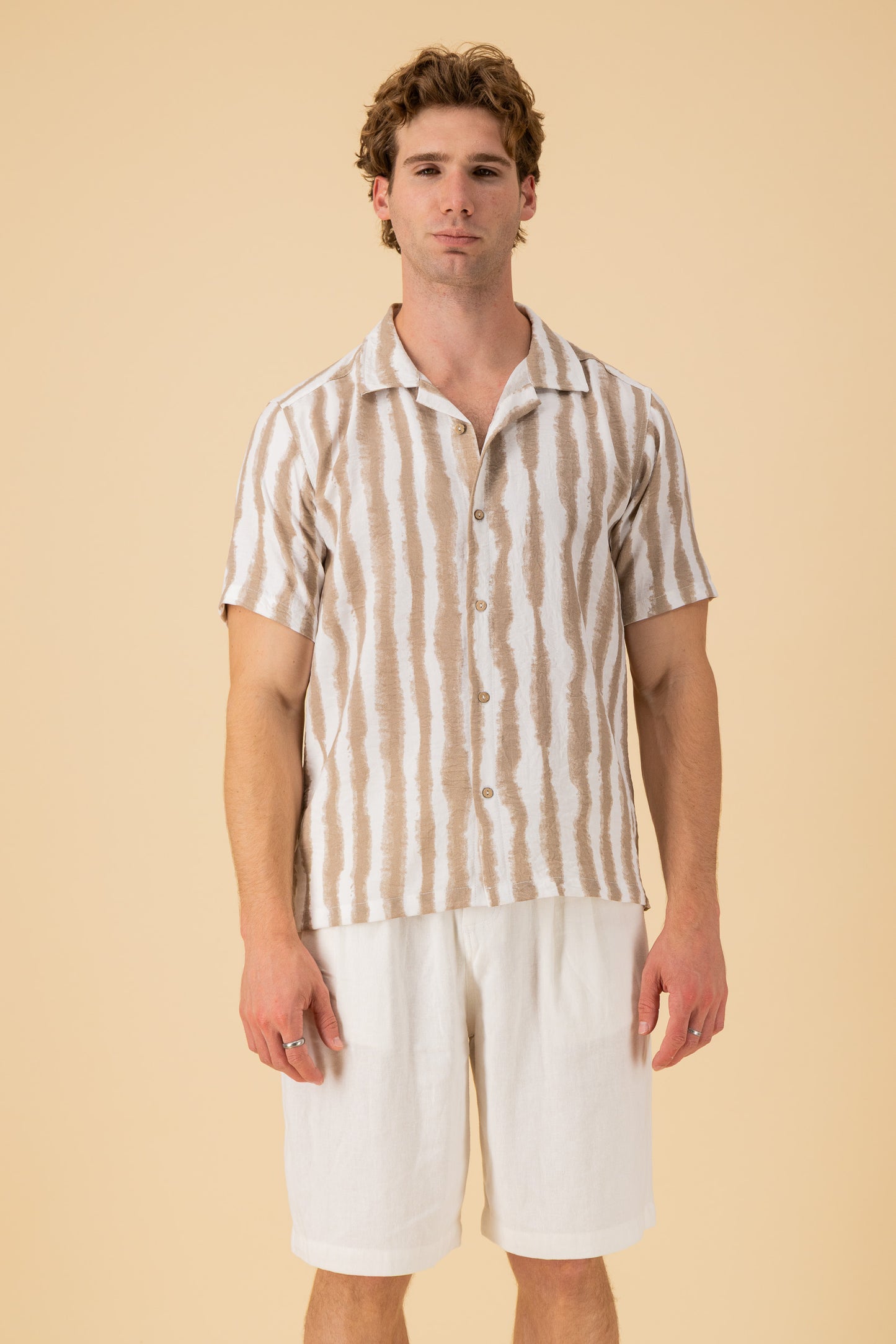 SS Shirt Nylon Rayon Paint Stripe Mocha, front view