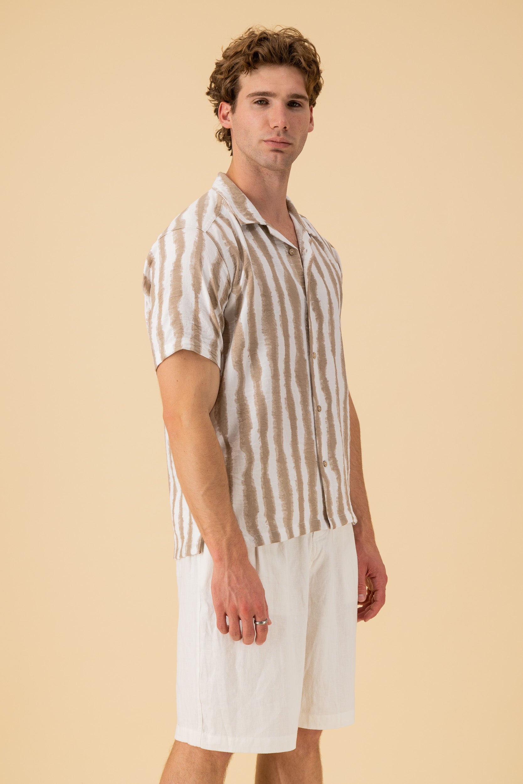 SS Shirt Nylon Rayon Paint Stripe Mocha, side view