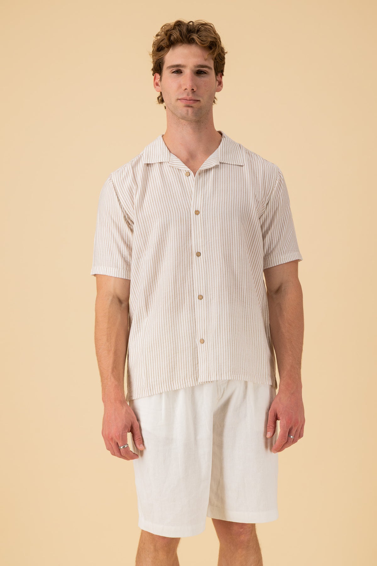 SS Shirt Nylon Rayon Stripe Mocha, front view