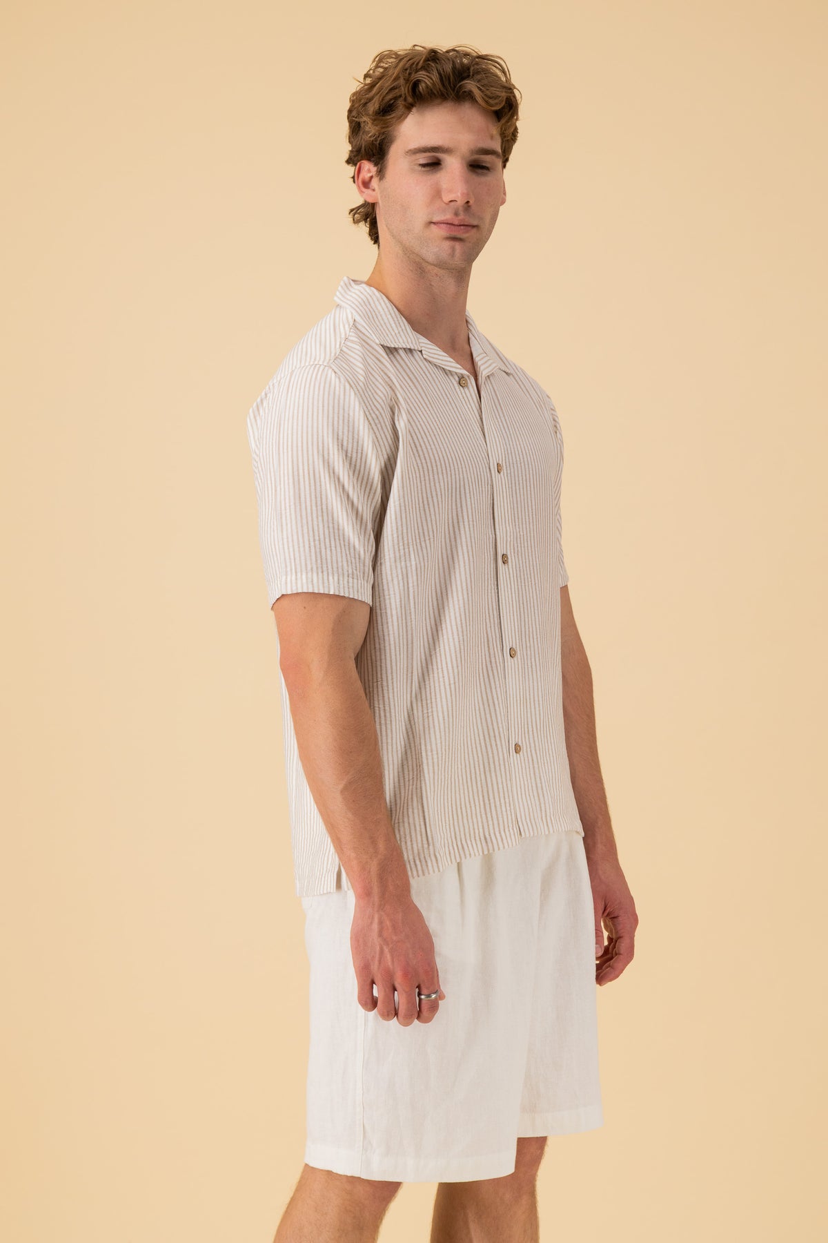 SS Shirt Nylon Rayon Stripe Mocha, side view
