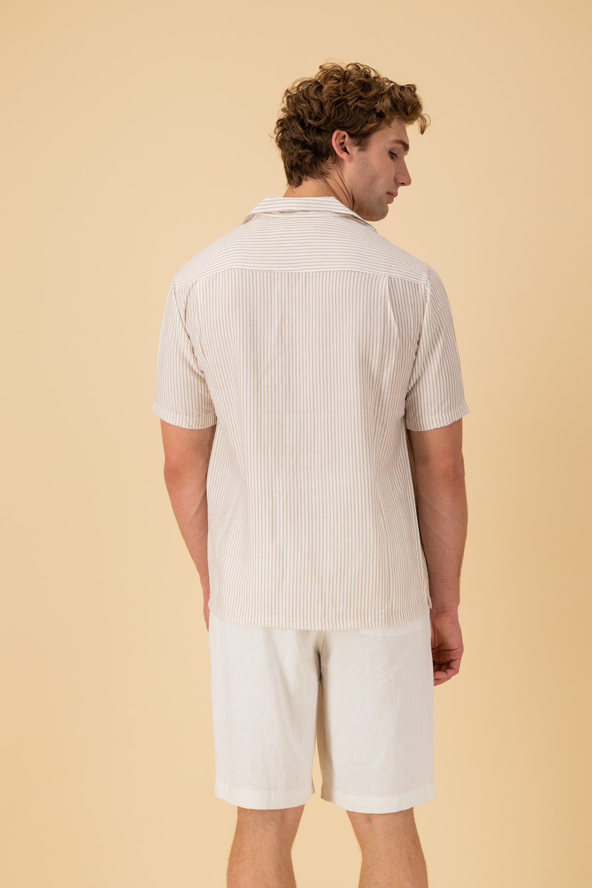 SS Shirt Nylon Rayon Stripe Mocha, back view