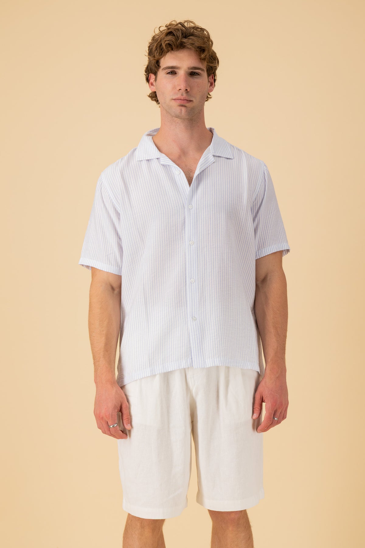 SS Shirt Nylon Rayon Stripe Sky, front view
