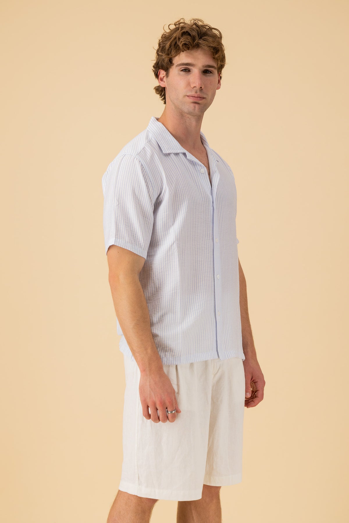 SS Shirt Nylon Rayon Stripe Sky, side view
