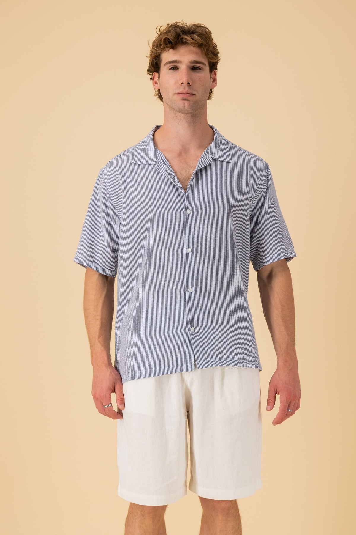 SS Shirt Nylon Rayon Thin Stripe Denim, front view