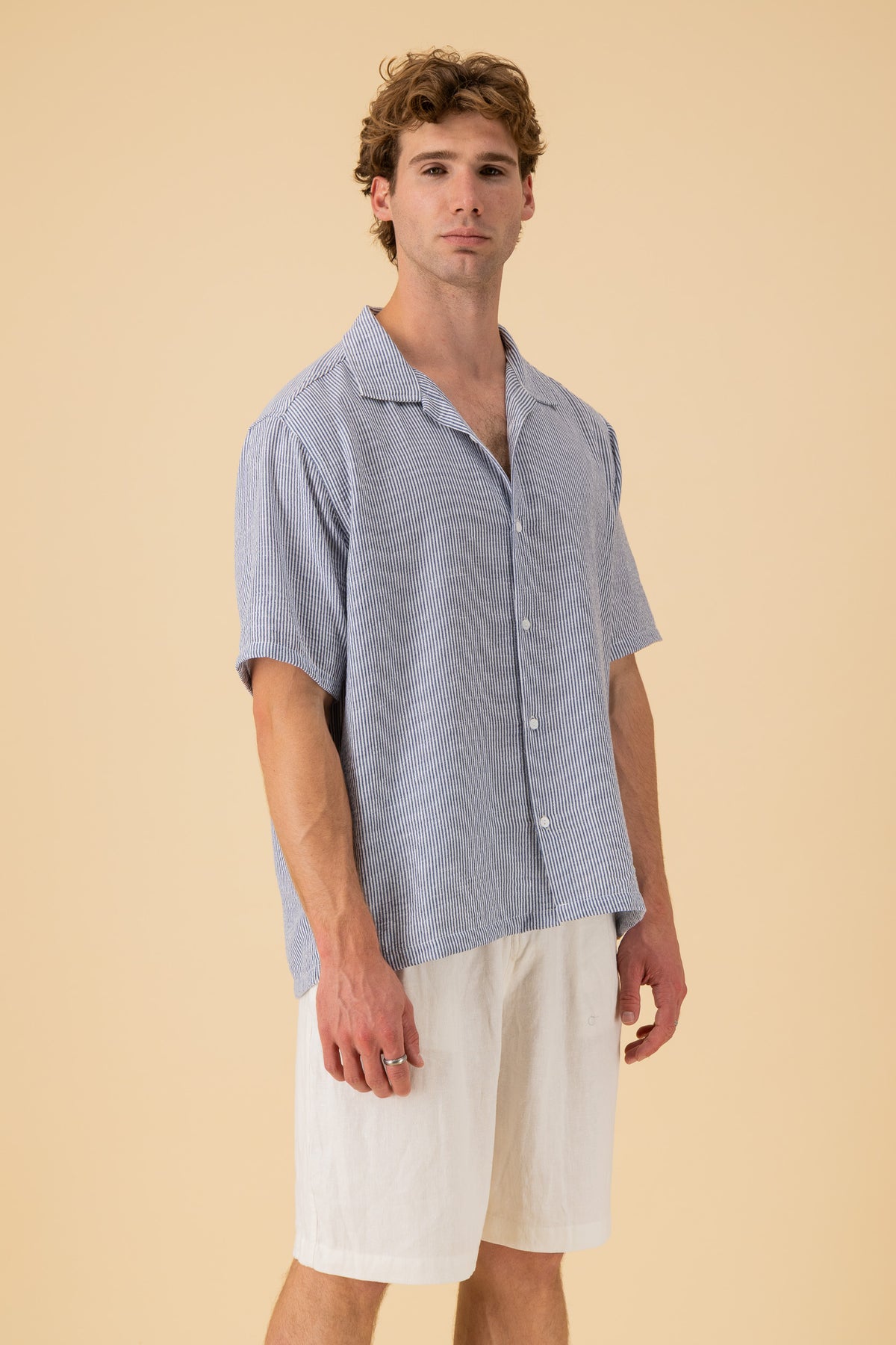 SS Shirt Nylon Rayon Thin Stripe Denim, side view