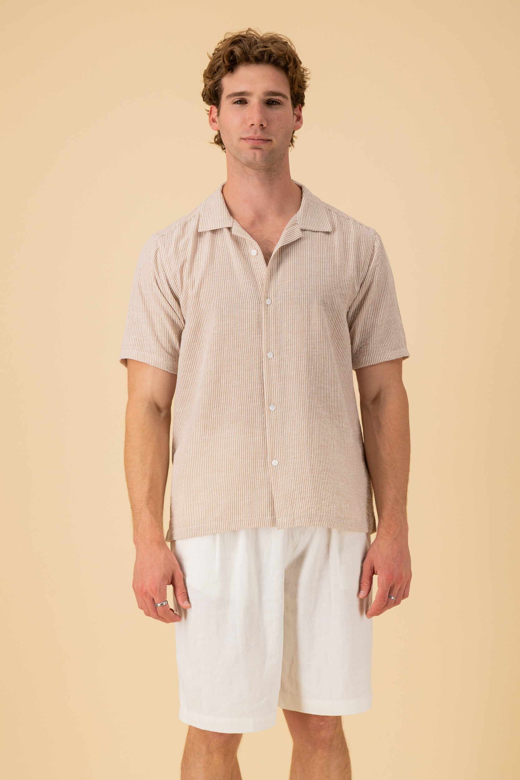 SS Shirt Nylon Rayon Thin Stripe Mocha, front view
