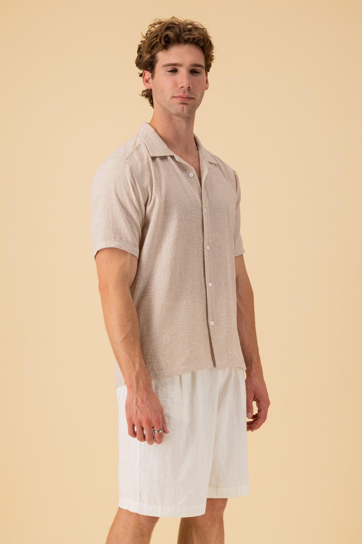 SS Shirt Nylon Rayon Thin Stripe Mocha, side view