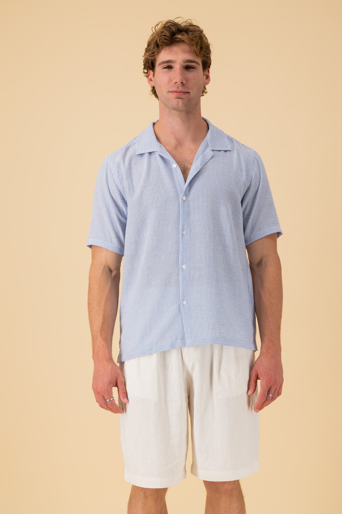 SS Shirt Nylon Rayon Thin Stripe Sky, front view