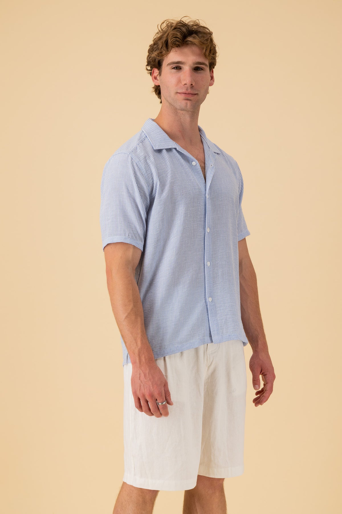 SS Shirt Nylon Rayon Thin Stripe Sky, side view