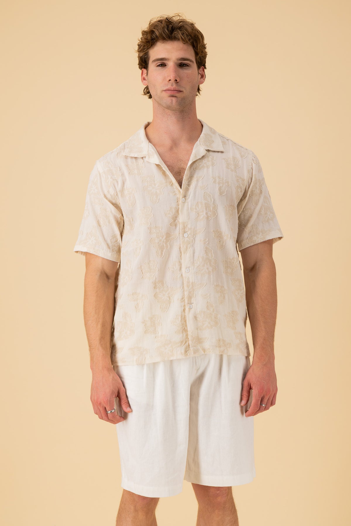 SS Shirt Poly Cotton Applique Floral Cream, front view