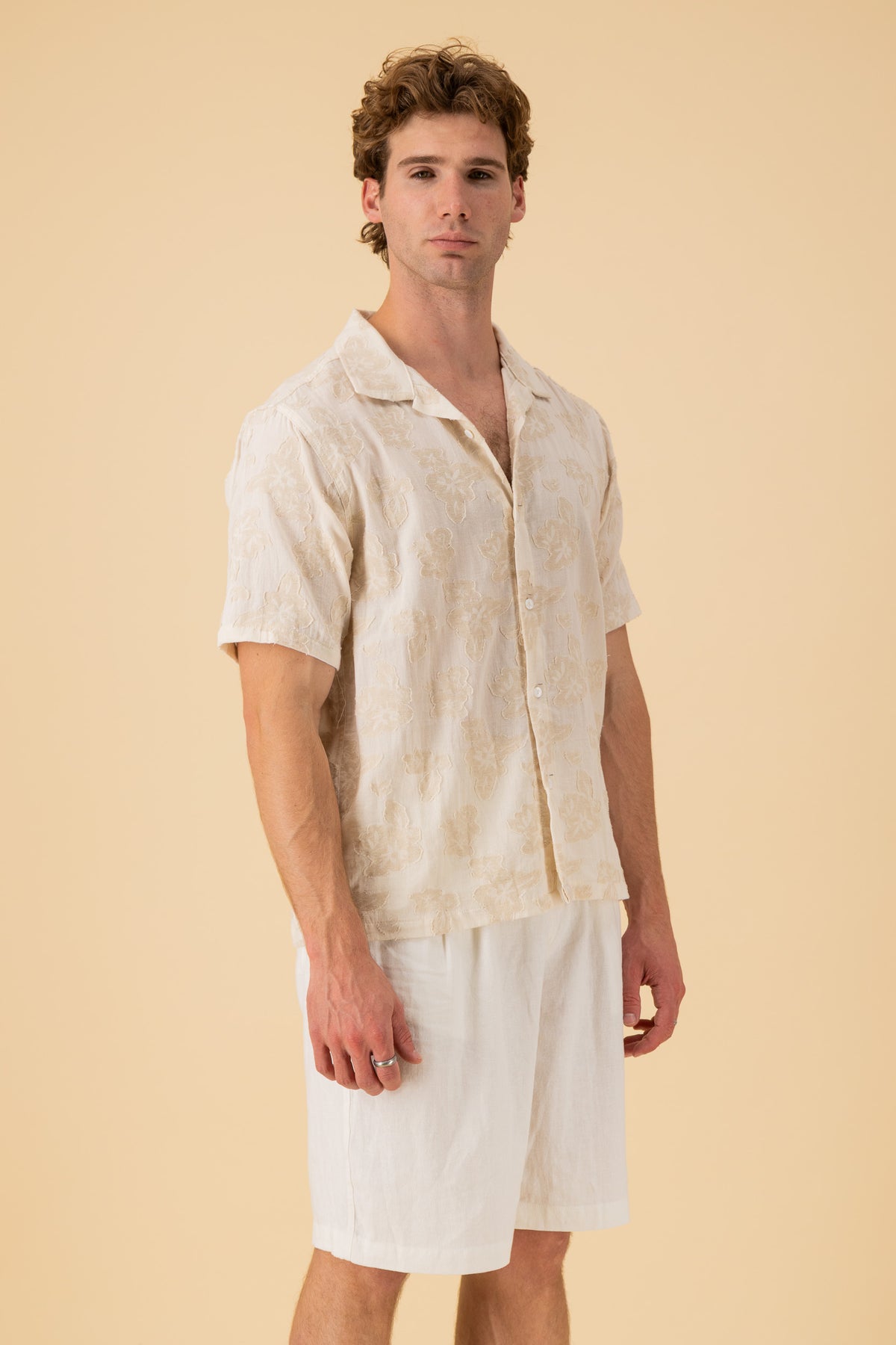 SS Shirt Poly Cotton Applique Floral Cream, side view