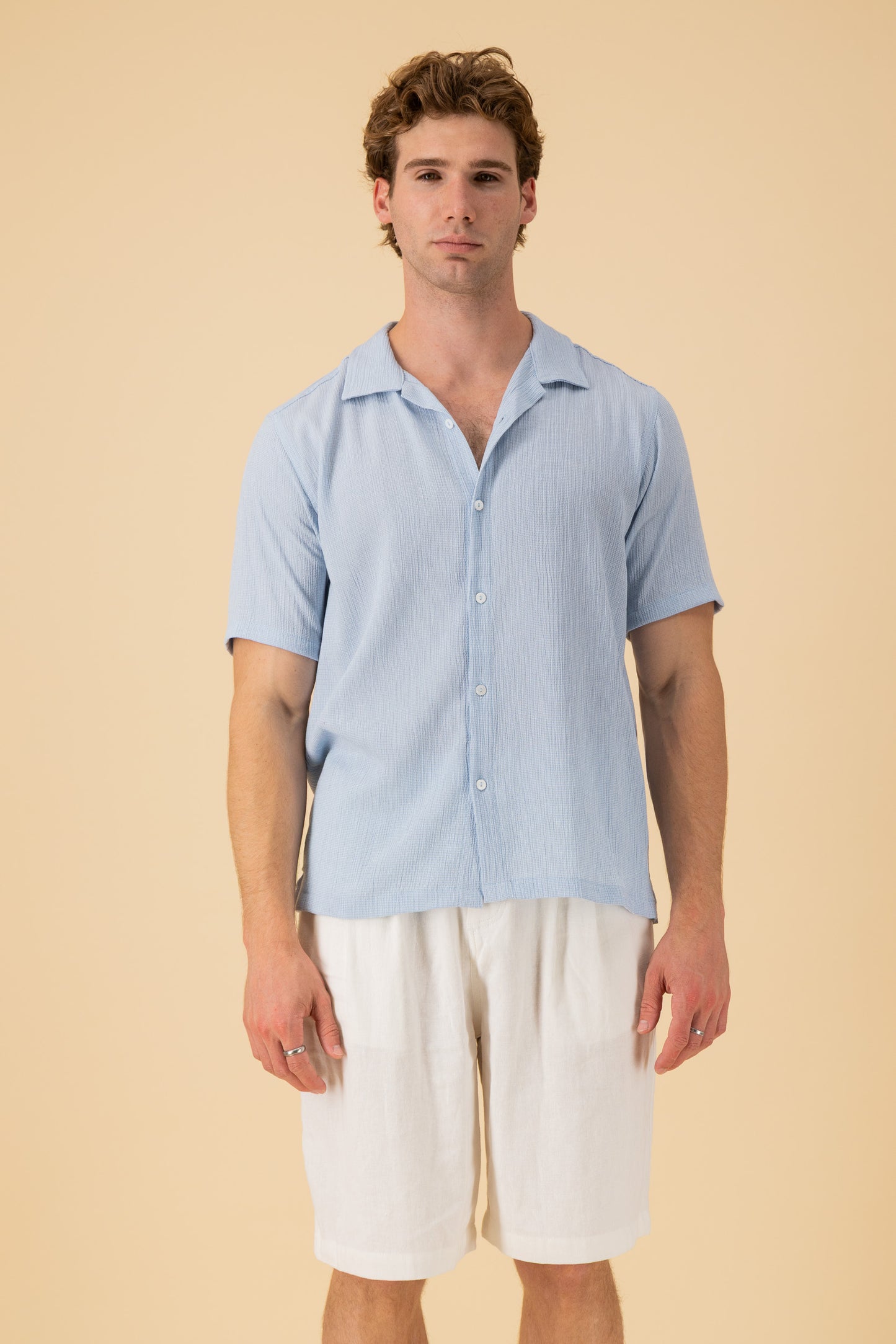 SS Shirt Poly Viscose Gingham Sky, front view