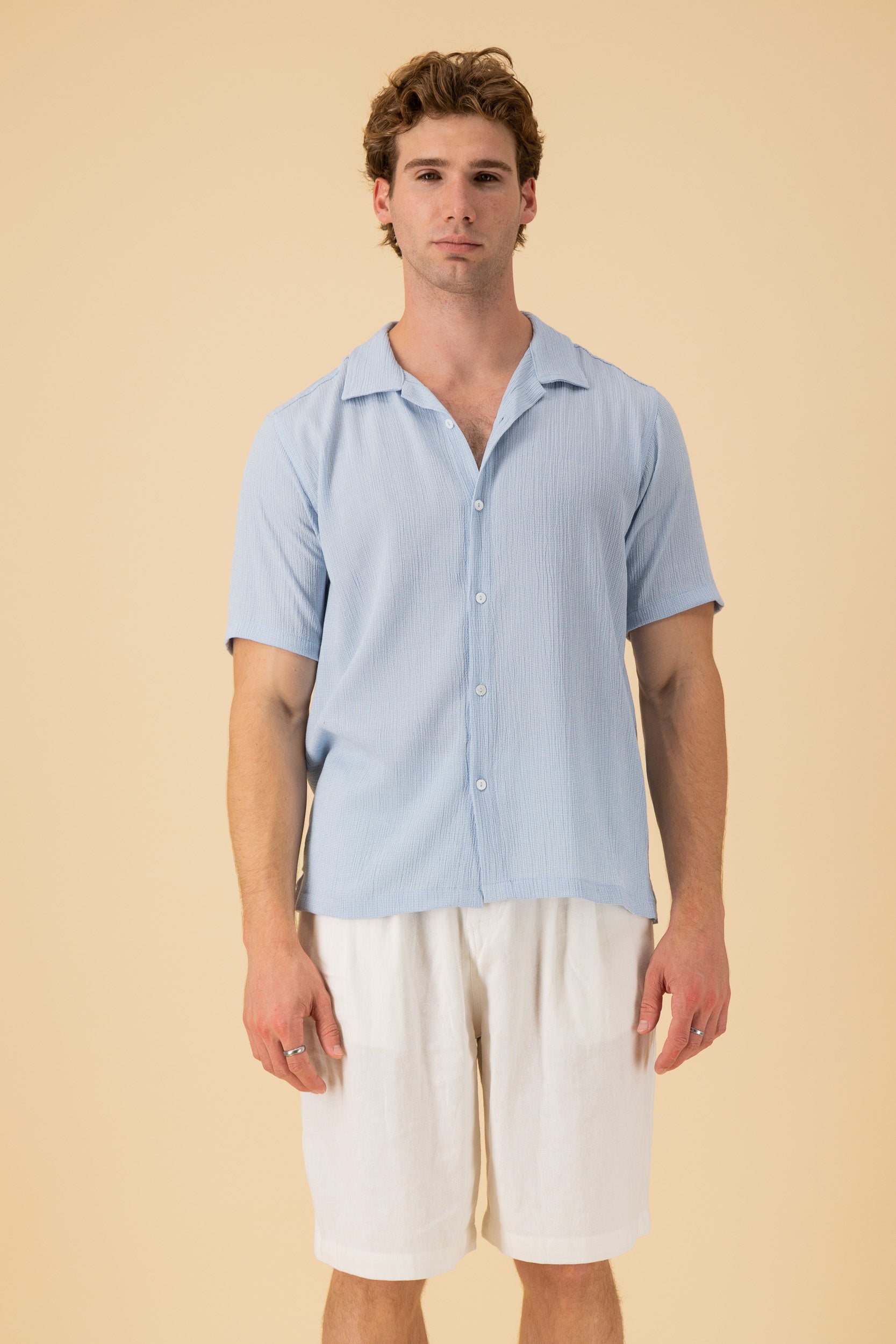 SS Shirt Poly Viscose Gingham Sky, front view