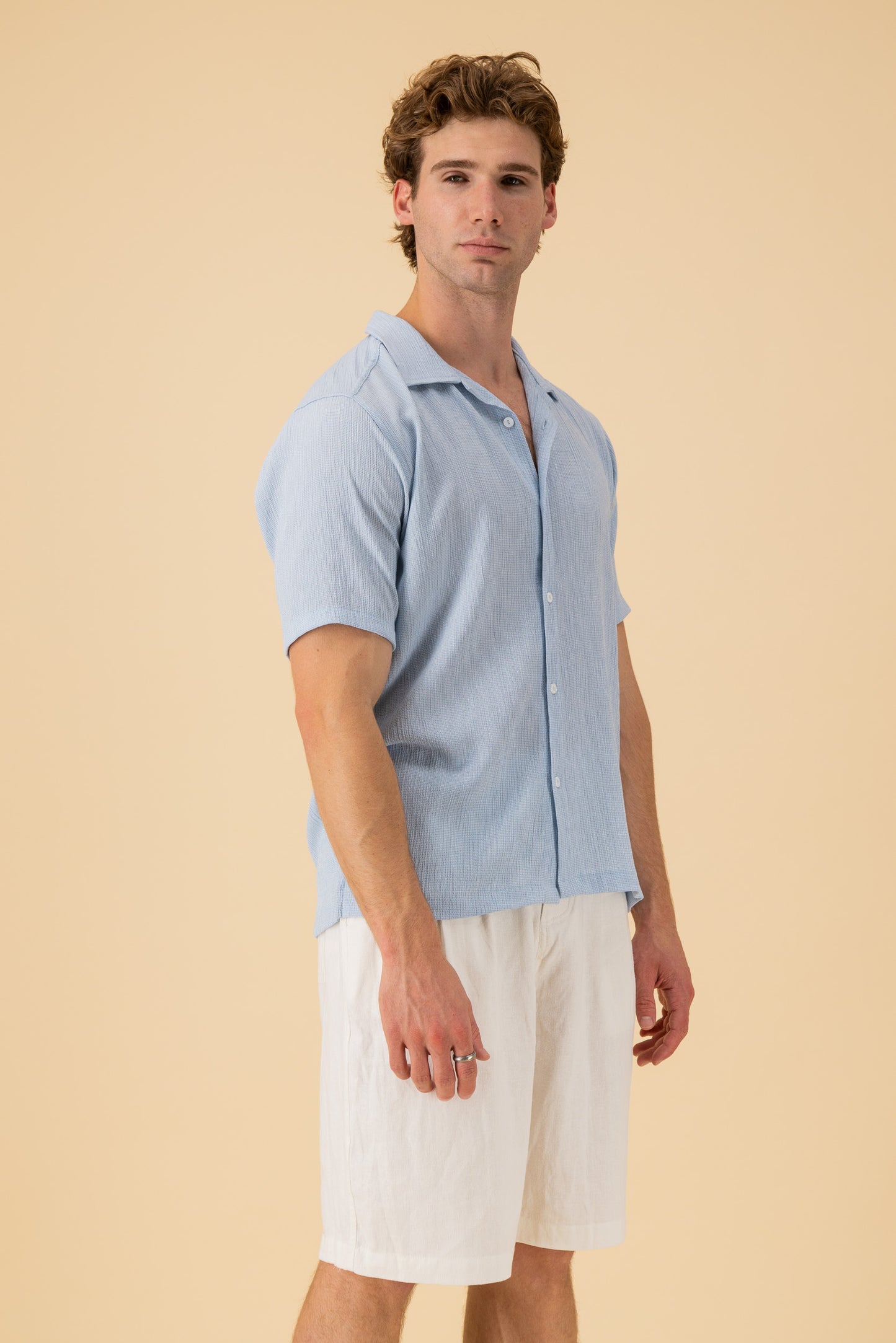 SS Shirt Poly Viscose Gingham Sky, side view