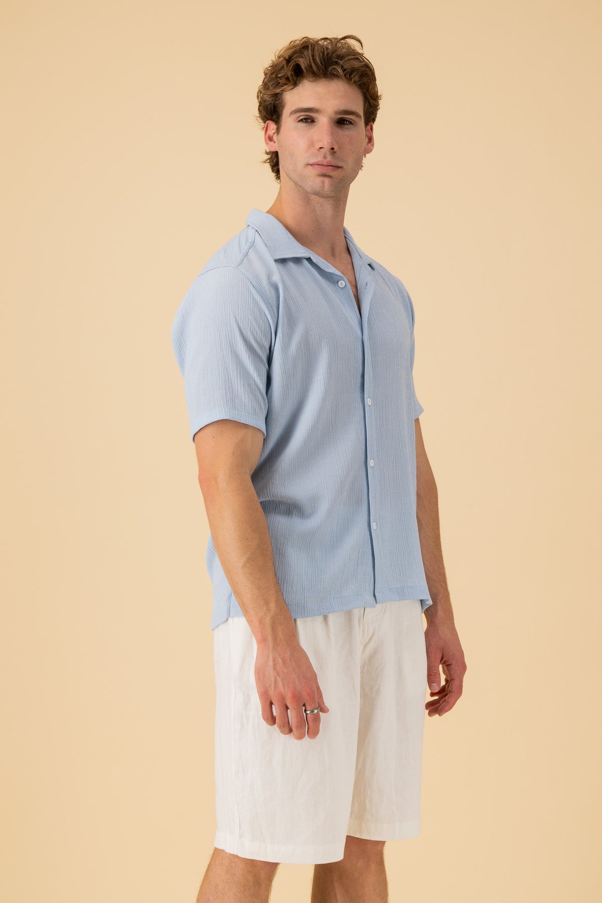 SS Shirt Poly Viscose Gingham Sky, side view
