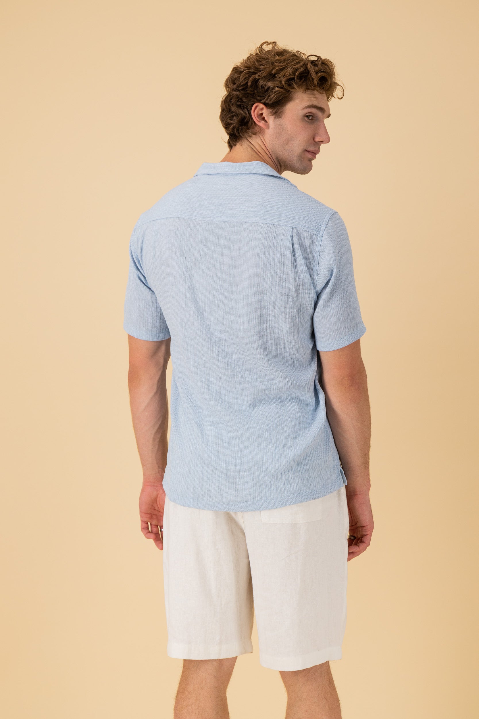 SS Shirt Poly Viscose Gingham Sky, back view