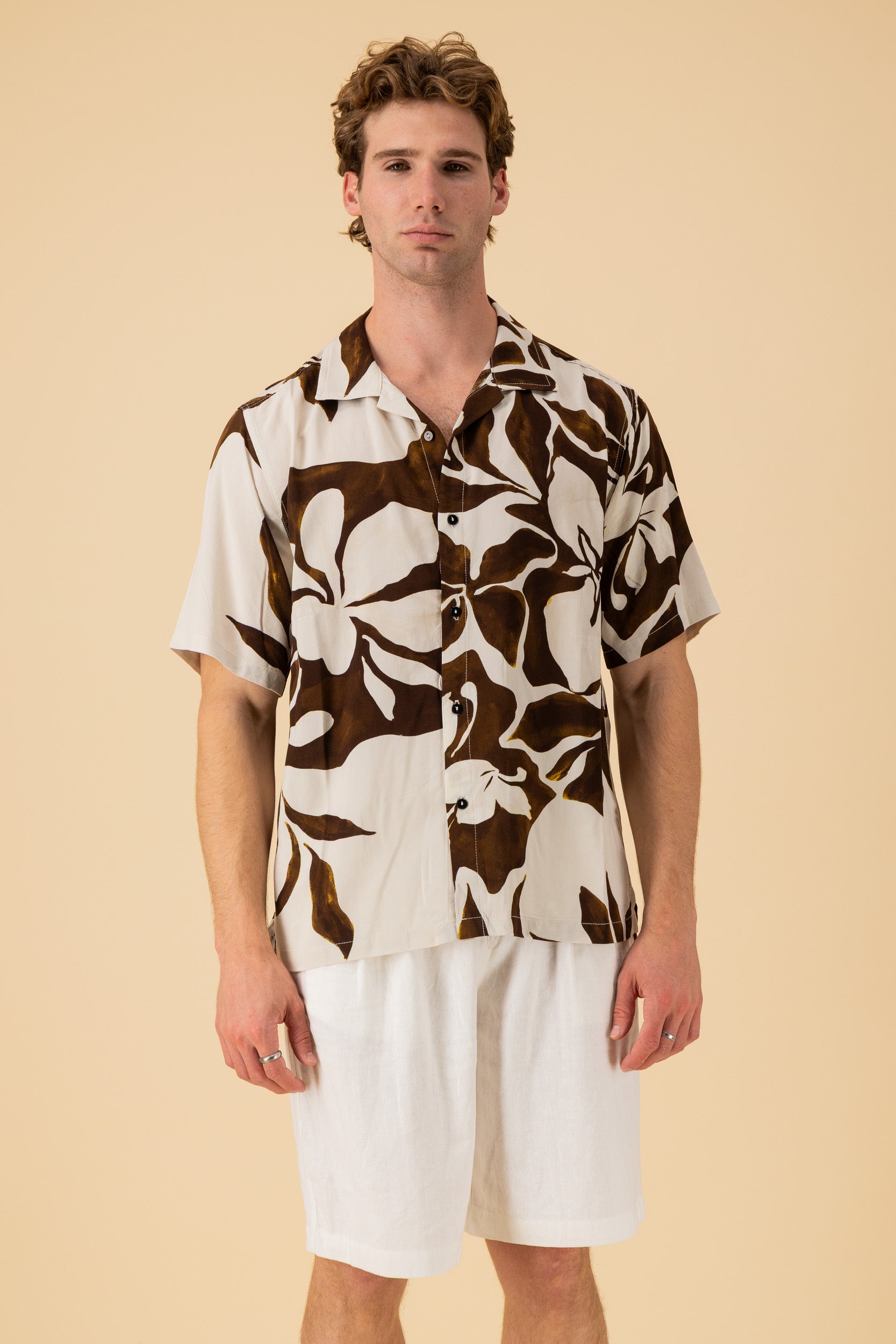 SS Shirt Viscose Big Brown Floral, front view